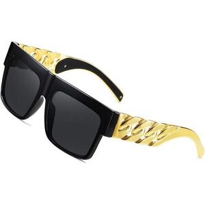 Sunglasses Black Gold Chain Accent UV400 Protection Fashion Hip‎ Hop Dark Lens